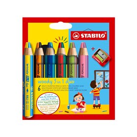 STABILO  woody Arty 3 in 1 cardboard wallet of 6 pens incl. a sharpener MULTI-TALENTED PENCIL WITH TWO-COLORED LEAD.
