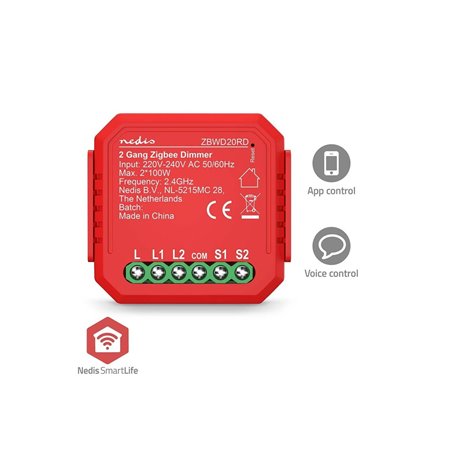 Nedis SmartLife Switch Zigbee 3.0 2x100 W Terminal connection Red