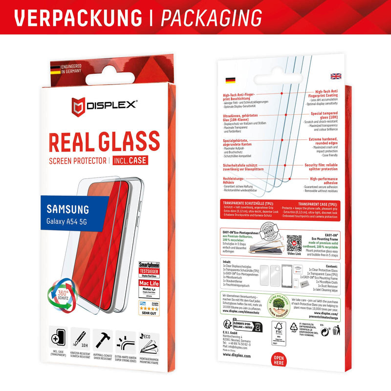 DISPLEX Panzerglas + Schutzhülle für Samsung Galaxy A54 5G, Eco-Montagerahmen, kratzer-resistent
