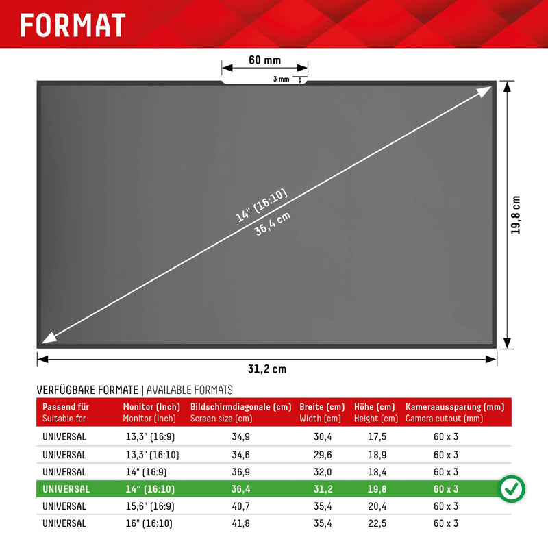 DISPLEX PRIVACY SAFE Wiederablösbarer 2-Wege Blickschutzfilter für Laptop/ Notebook (randlos/frameless) 14'' (16:10)