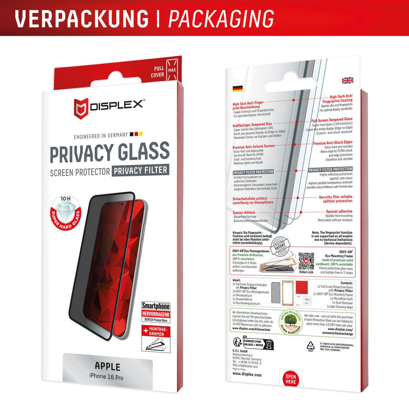DISPLEX Privacy Full Cover Panzerglas (10H) für Apple iPhone 16 Pro