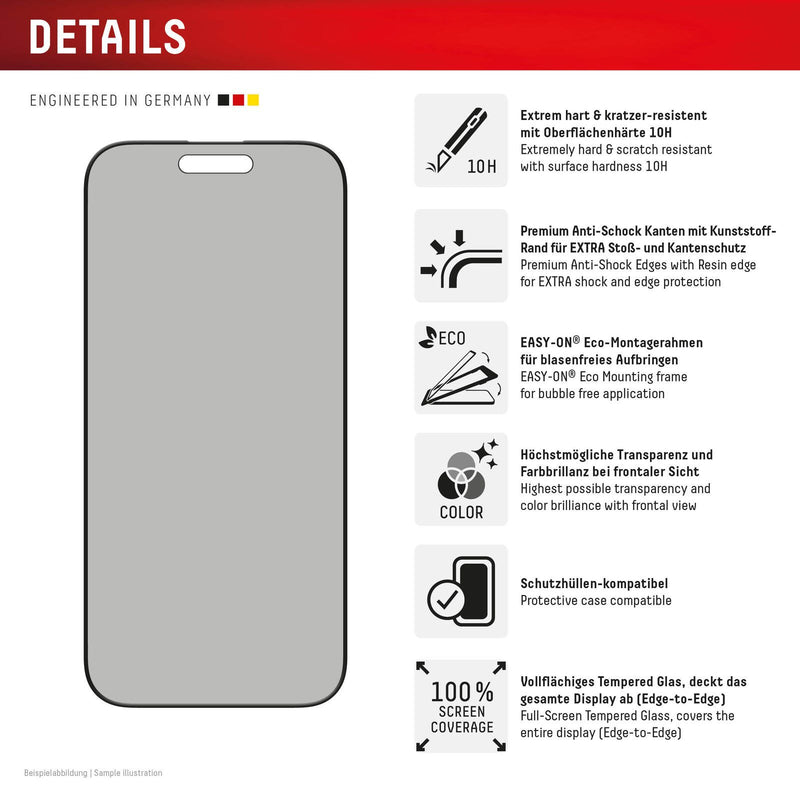 DISPLEX Privacy Full Cover Panzerglas (10H) für Apple iPhone 16 Pro