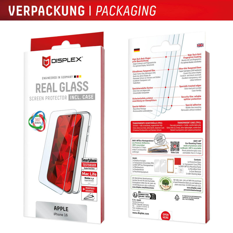 DISPLEX Panzerglas (10H) + Schutzhülle für Apple iPhone 16