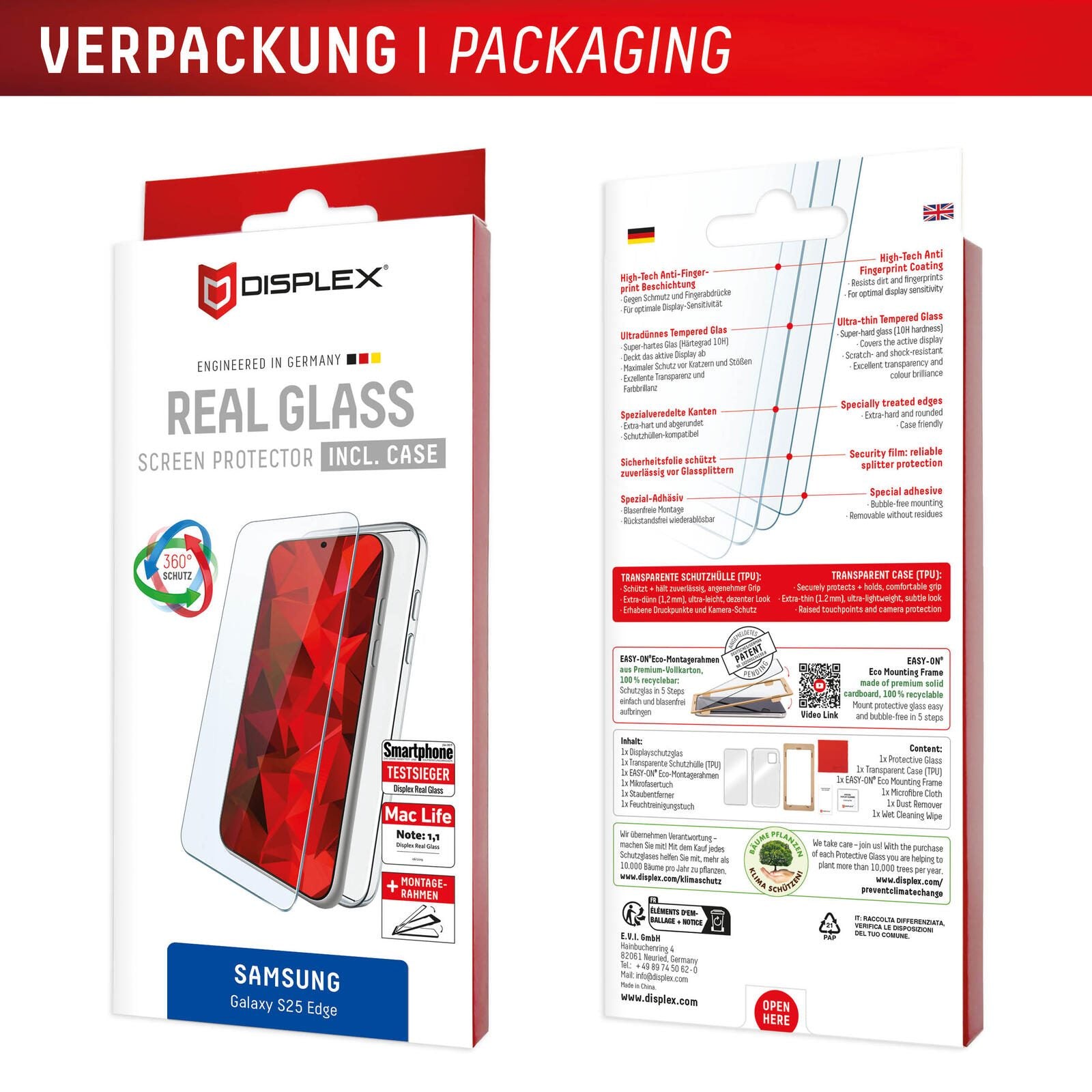 DISPLEX Panzerglas (10H) + Schutzhülle für Samsung Galaxy S25 Edge