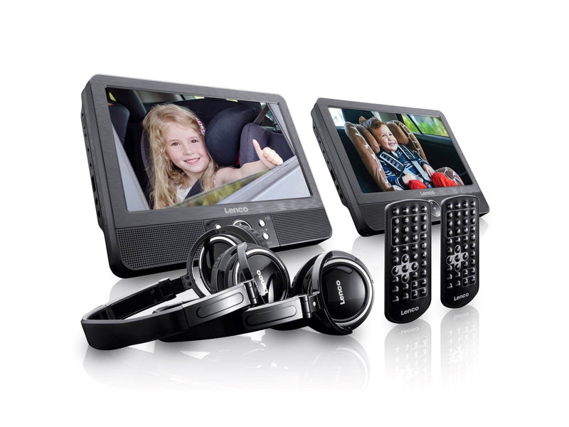 Lenco DVP-939 - 2x9" Portable DVD player with USB SD integrated battery 2x headphones and 2x bracket - Black