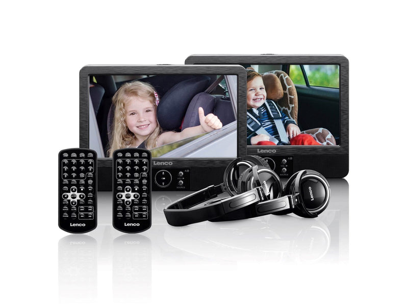 Lenco DVP-939 - 2x9" Portable DVD player with USB SD integrated battery 2x headphones and 2x bracket - Black