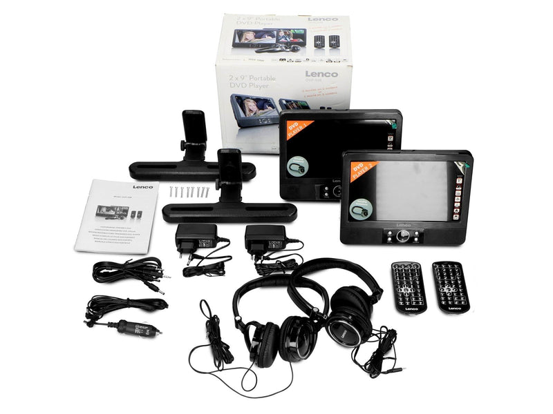 Lenco DVP-939 - 2x9" Portable DVD player with USB SD integrated battery 2x headphones and 2x bracket - Black