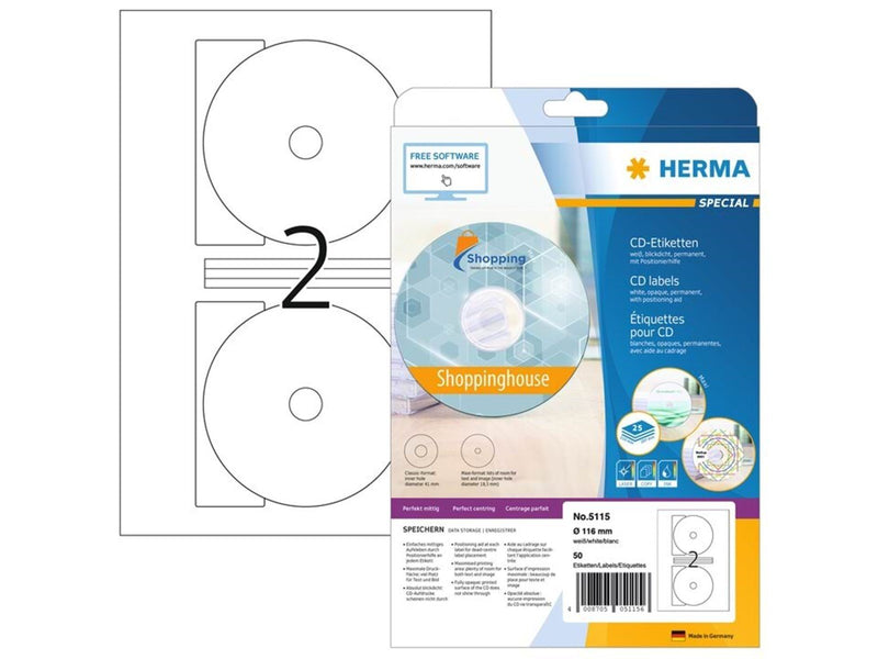 HERMA CD-Etiketten A4, Ø 116 mm (Innenloch klein), weiß, blickdicht, permanent haftend