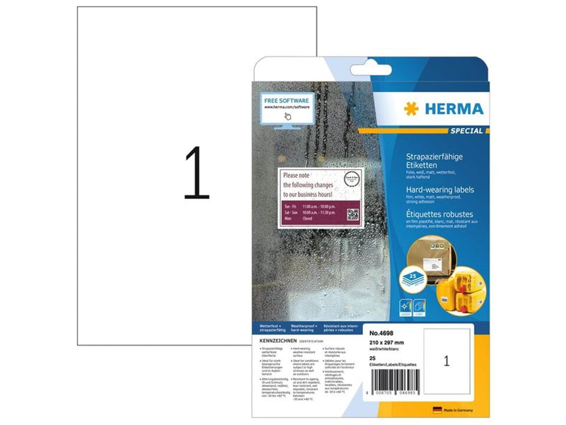 HERMA Wetterfeste Folienetiketten A4, 210 x 297 mm, weiß, extrem stark haftend