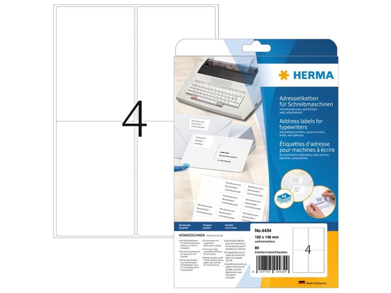 HERMA Adressetiketten für Schreibmaschinen, A4, 102 x 148 mm, weiß, permanent haftend