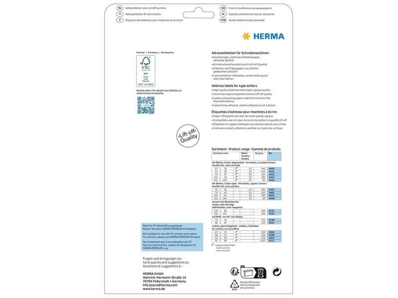 HERMA Adressetiketten für Schreibmaschinen, A4, 102 x 148 mm, weiß, permanent haftend