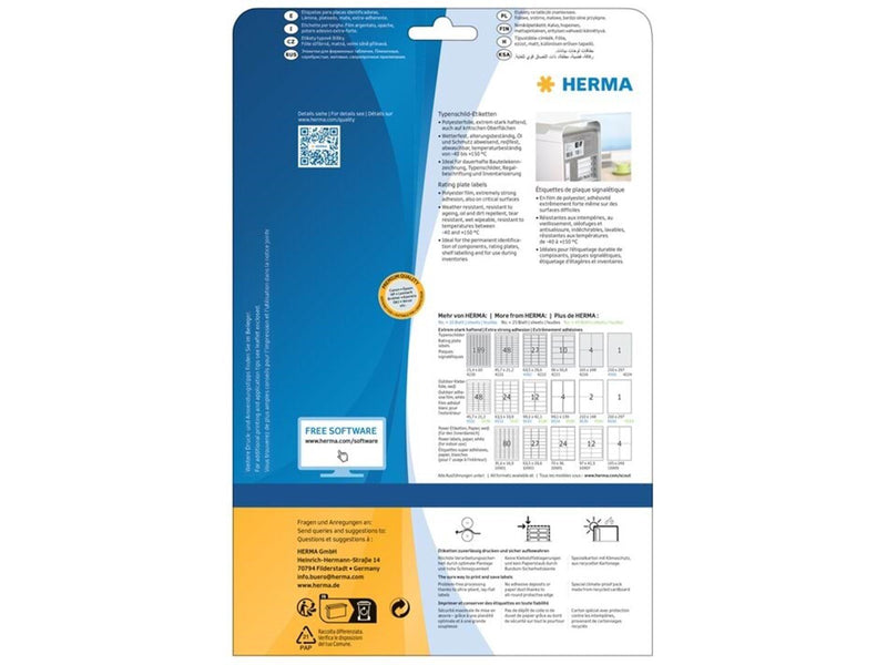 HERMA Typenschild-Etiketten, silber, A4, 96 x 50,8 mm, extrem stark haftend, wetterfest, reißfest