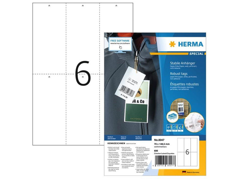 HERMA Stabile Anhänger, A4, 70 x 148,5 mm, weiß, perforiert, nicht klebend, bedruckbar