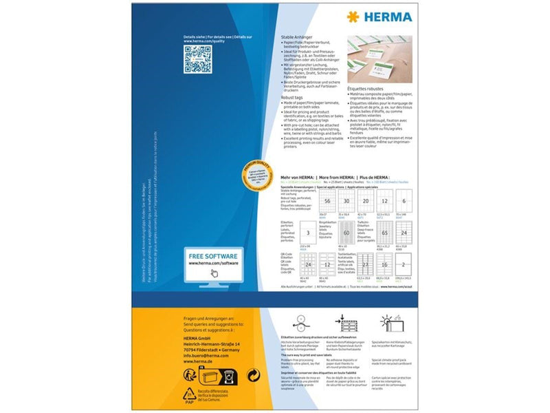 HERMA Stabile Anhänger, A4, 70 x 148,5 mm, weiß, perforiert, nicht klebend, bedruckbar
