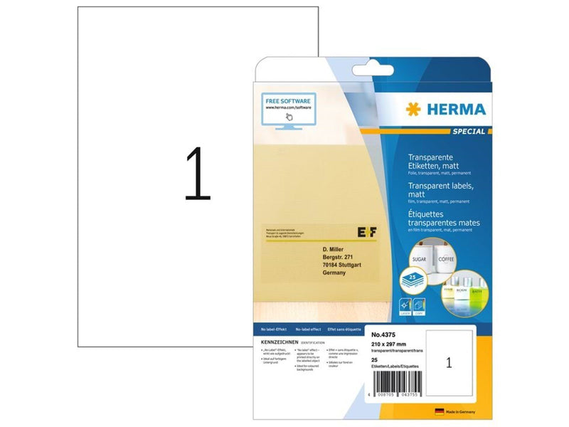 HERMA Transparente Folien-Etiketten, matt, A4, 210 x 297 mm, wetterfest, permanent haftend