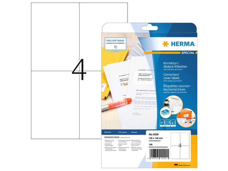 HERMA Korrektur-/Abdecketiketten A4, 105 x 148 mm, weiß, blickdicht, permanent haftend