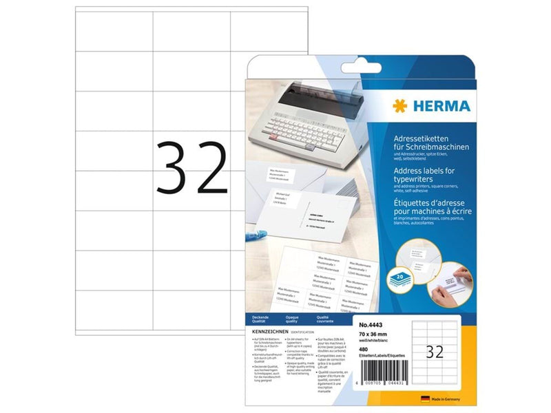 HERMA Adressetiketten für Schreibmaschinen, A4, 70 x 36 mm, weiß, permanent haftend