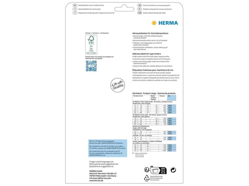 HERMA Adressetiketten für Schreibmaschinen, A4, 70 x 36 mm, weiß, permanent haftend