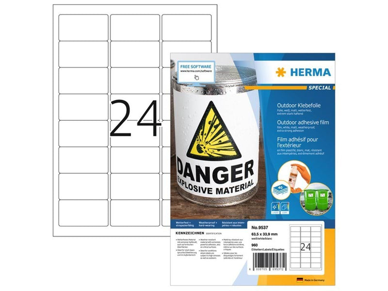 HERMA Wetterfeste Outdoor-Folienetiketten A4, 63,5 x 33,9 mm, weiß, extrem stark haftend, dehnfähig
