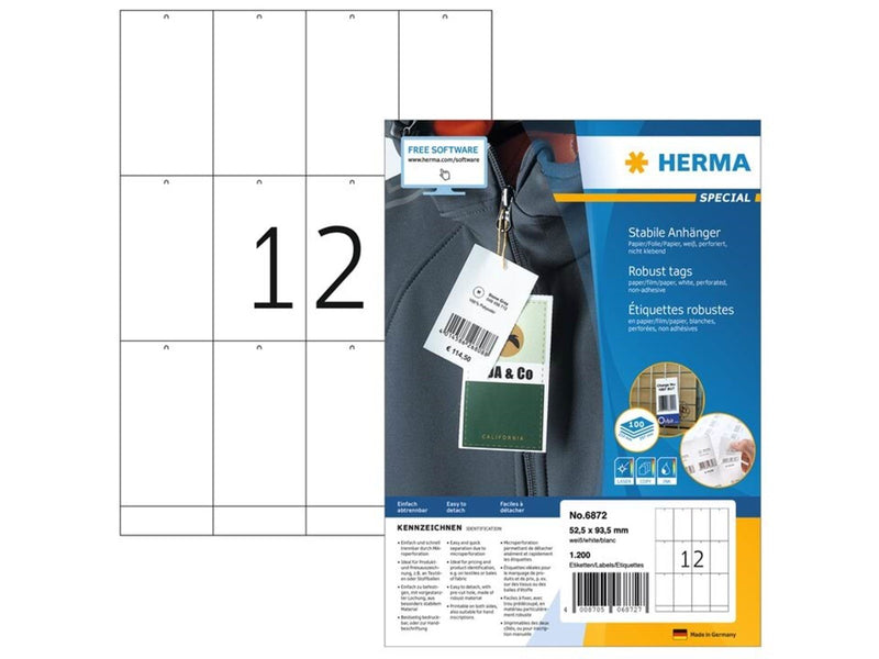 HERMA Stabile Anhänger, A4, 52,5 x 93,5 mm, weiß, perforiert, nicht klebend, bedruckbar