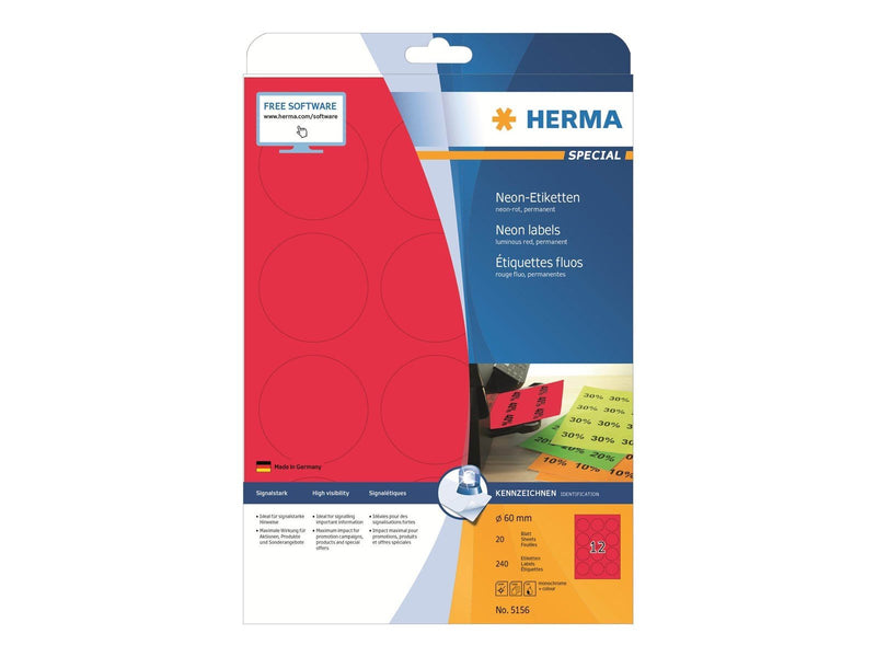 HERMA Neon labels A4 Ø 60 mm round luminous red permanent adhesion