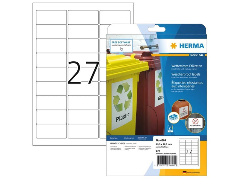 HERMA Wetterfeste Inkjet-Etiketten A4, 63,5 x 29,6 mm, weiß, permanent haftend