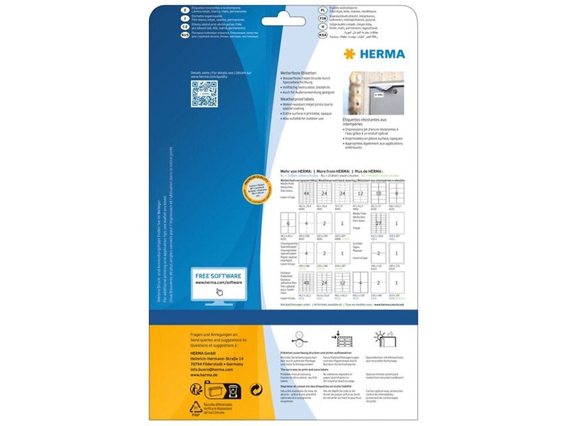 HERMA Wetterfeste Inkjet-Etiketten A4, 63,5 x 29,6 mm, weiß, permanent haftend