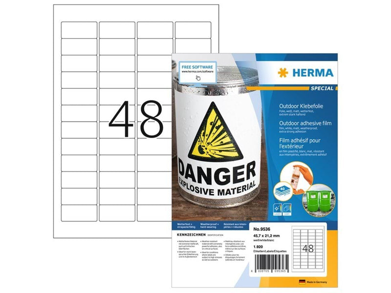HERMA Wetterfeste Outdoor-Folienetiketten A4, 45,7 x 21,2 mm, weiß, extrem stark haftend, dehnfähig