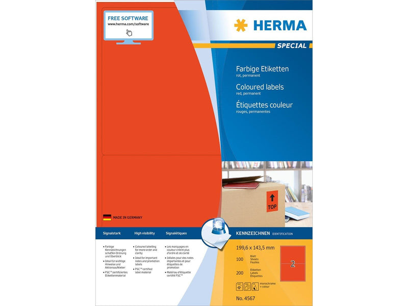 HERMA Coloured labels A4 199.6 x 143.5 mm red permanent adhesion