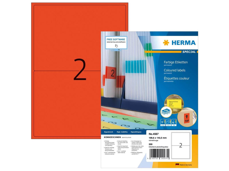 HERMA Coloured labels A4 199.6 x 143.5 mm red permanent adhesion