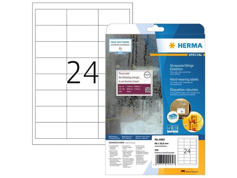 HERMA Wetterfeste Folienetiketten A4, 66 x 33,8 mm, weiß, extrem stark haftend