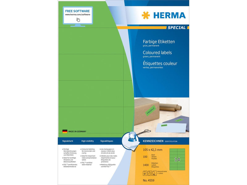 HERMA Coloured labels A4 105 x 42.3 mm green permanent adhesion