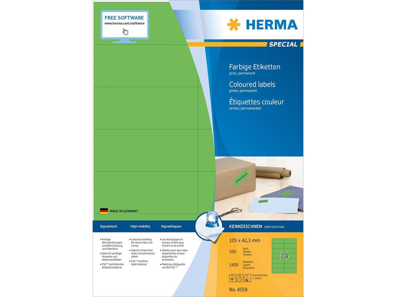 HERMA Coloured labels A4 105 x 42.3 mm green permanent adhesion