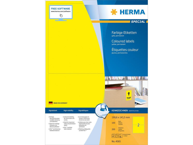 HERMA Coloured labels A4 199.6 x 143.5 mm yellow permanent adhesion
