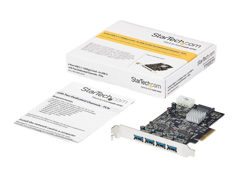 StarTech.com 4-Port USB PCIe Card - 10Gbps USB 3.1/3.2 Gen 2 Type-A PCI Express Expansion Card - 2 Controllers - 4xUSB - Windows