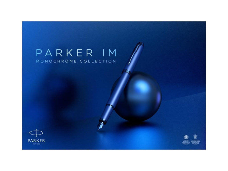 Parker IM Monochrome Füller | Oberfläche und Zierteile in Dunkelgrau-Metallic | Füllfederhalter mit mittlerer Feder und blauer T
