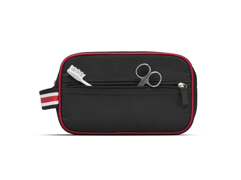 Studio Toiletry bag in black nylon with smart red edge.