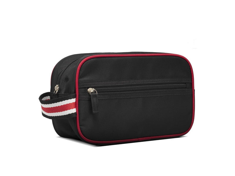 Studio Toiletry bag in black nylon with smart red edge.