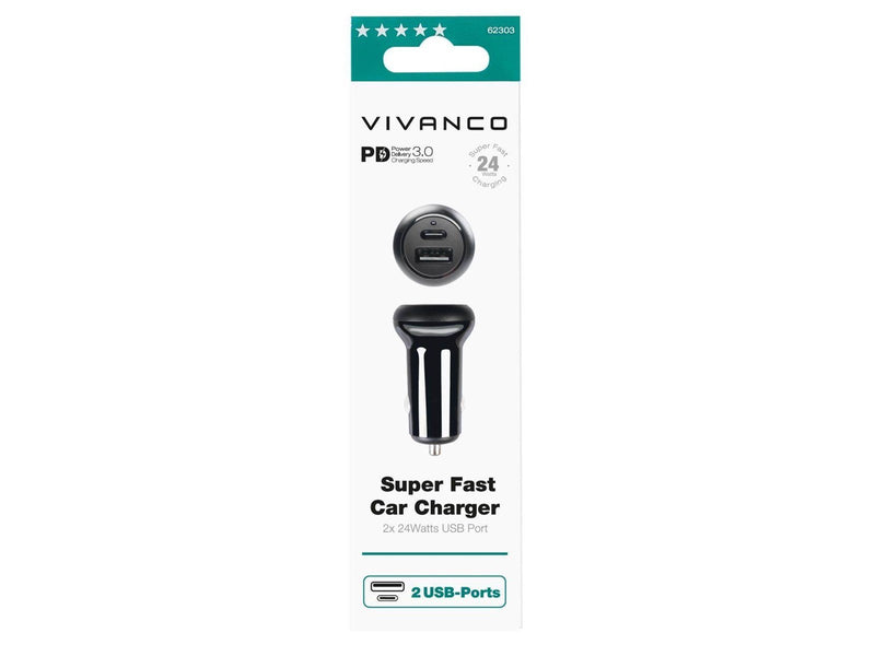 Vivanco 1xUSB-C PD / USB-A Car Charger 2x24W Black