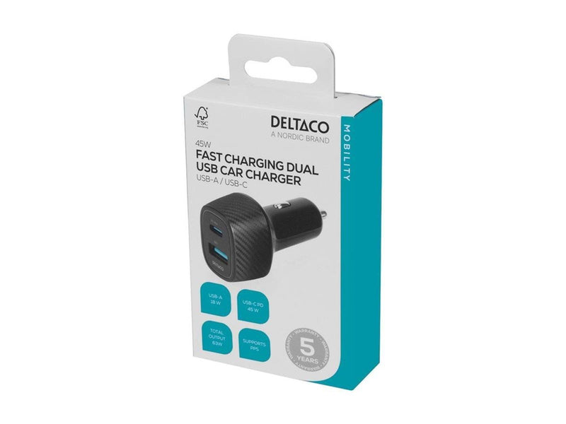 Deltaco USB car charger 1x USB-A 18 W 1x USB-C P