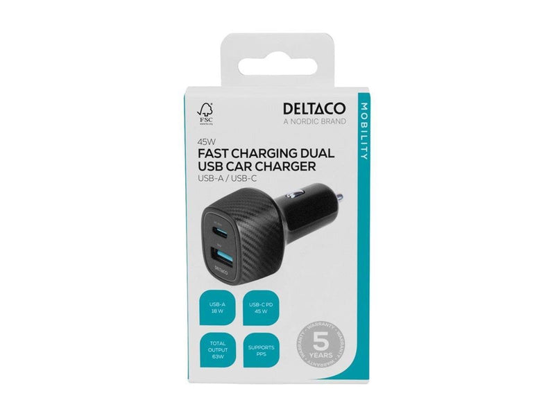 Deltaco USB car charger 1x USB-A 18 W 1x USB-C P