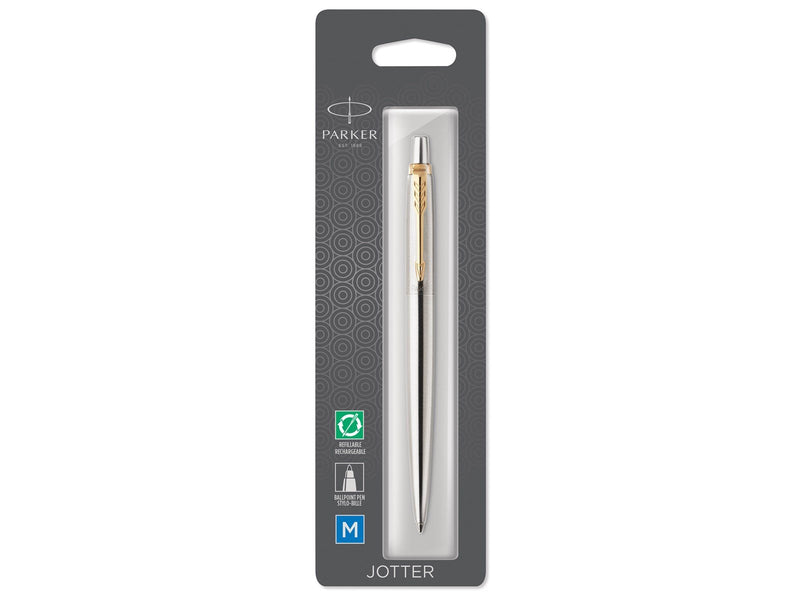 Parker Jotter Kugelschreiber | Edelstahl mit Goldzierteile | Mittlere Spitze | Blaue Tinte | Blister-Verpackung