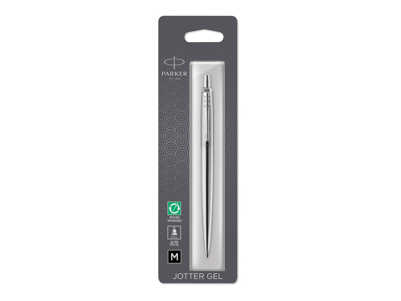 Parker Jotter-Gelschreiber | Edelstahl mit Chromzierteilen | mittlere Schreibspitze mit 0,7 mm | schwarze Tinte | Blister-Verpac