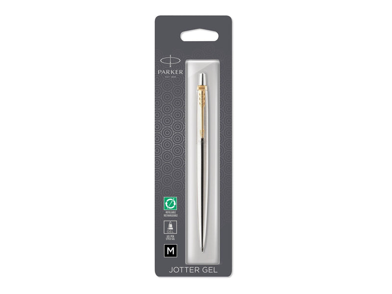 Parker Jotter-Gelschreiber | Edelstahl mit Goldzierteilen | mittlere Schreibspitze (0,7 mm) | schwarze Tinte | Blister-Verpackun