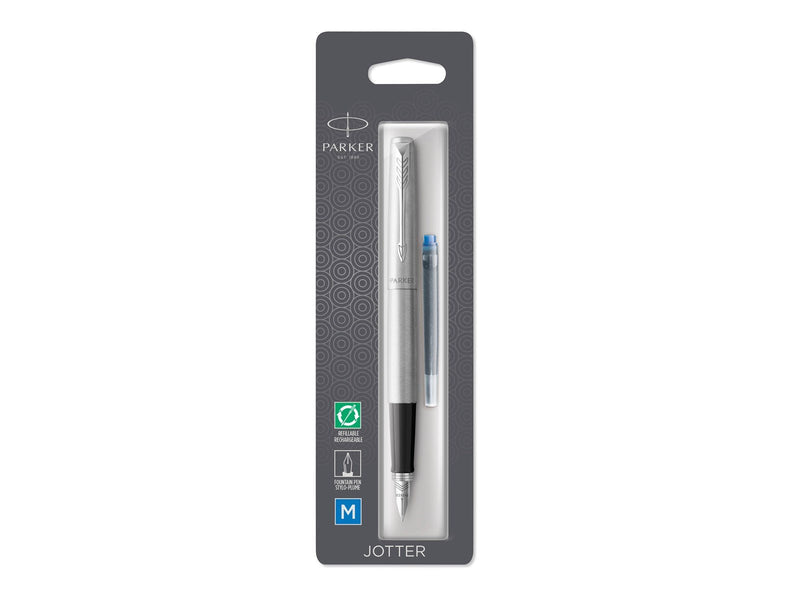 Parker Jotter Füller | Edelstahlschaft mit Chromzierteilen | Füllfederhalter mit mittlerer Feder | blaue Tinte