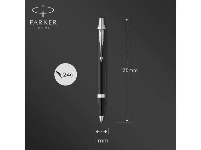 Parker IM Kugelschreiber | Mattschwarz mit Chrom-Zierteilen | mittlere Spitze mit blauer Tinte
