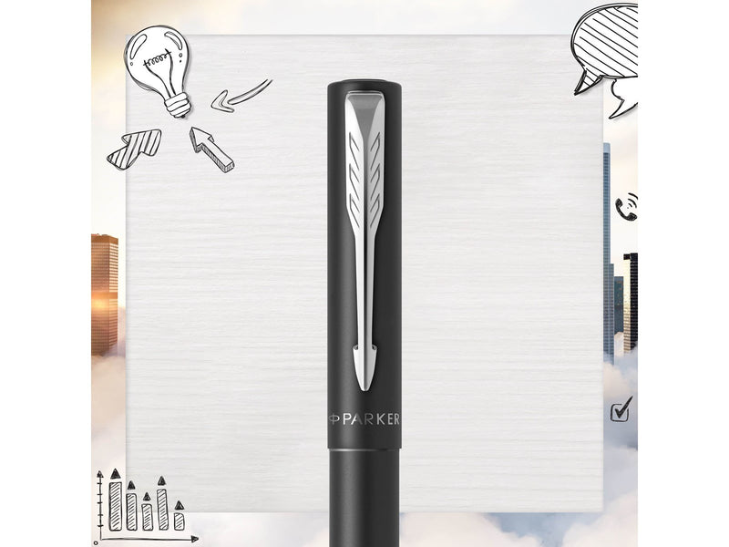 Parker Vector XL Tintenroller | Schwarze Metallic-Lackierung auf Messing | Feine Schreibspitze mit schwarzer Nachfülltinte | Ges