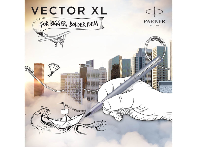 Parker Vector XL Tintenroller | Silberblaue Metallic-Lackierung auf Messing | Feine Schreibspitze mit schwarzer Nachfülltinte |