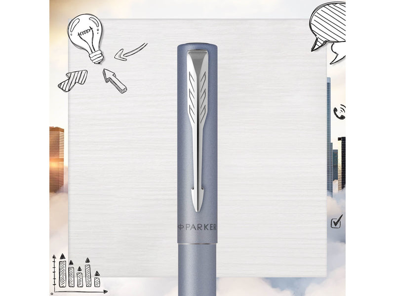 Parker Vector XL Tintenroller | Silberblaue Metallic-Lackierung auf Messing | Feine Schreibspitze mit schwarzer Nachfülltinte |