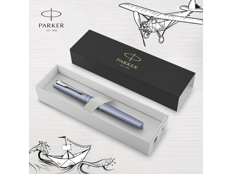 Parker Vector XL Tintenroller | Silberblaue Metallic-Lackierung auf Messing | Feine Schreibspitze mit schwarzer Nachfülltinte |